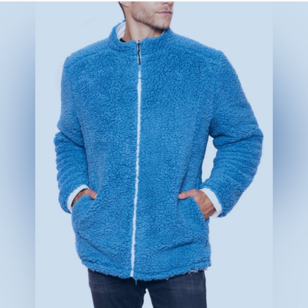 NWT BE BOUNDLESS MEN'S COZY REVERSIBLE Full Zip SHERPA JACKET AQUA OFF WHITE L